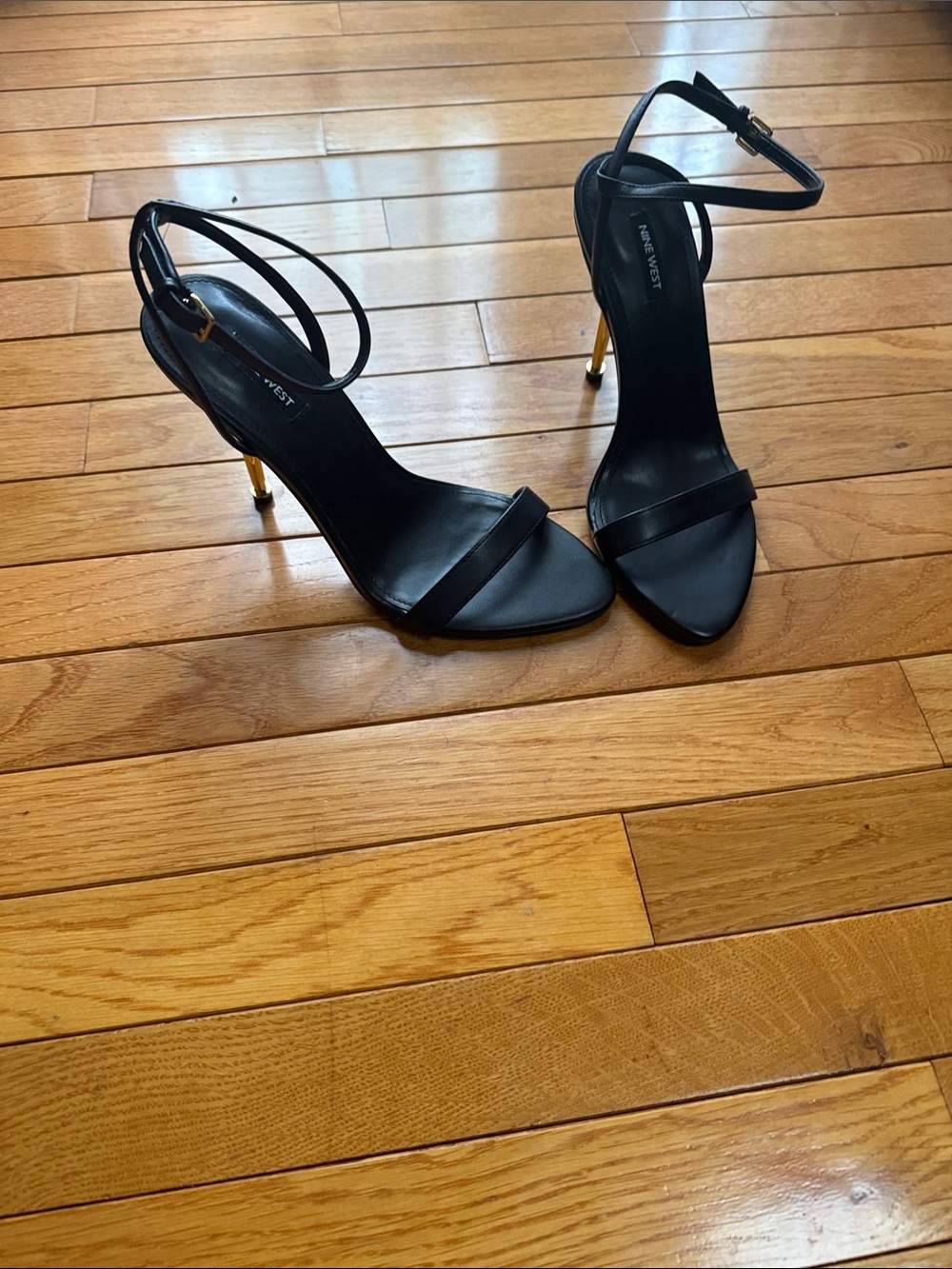 NWOT Nine West Black Strappy Ankle-Heel Sandals with Gold Accents